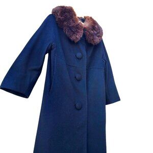 Vintage 60s Black Wool Coat Women 4 Brown Fur Mink Collar Pin Up Rockabilly